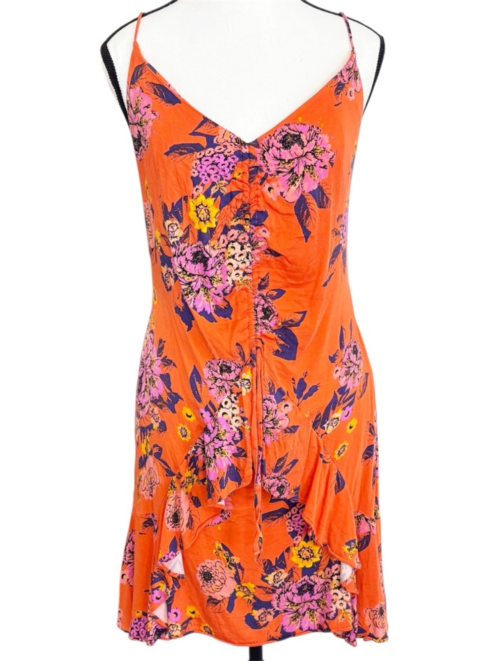 FREE PEOPLE Happy Heart Floral Mini Dress Orange Tie Front Smocked Back M Slip - Picture 2 of 8
